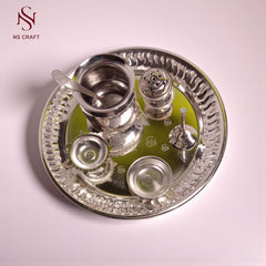Silver Plated Pooja Thali Set In Velvet Box
