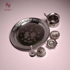 Silver Plated Pooja Thali Set In Velvet Box