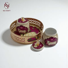 Decorative Round Storage Basket Set with 2 Burgundy Jars, Peacock Design Tray, Crystal Knobs, Handmade Metal Container