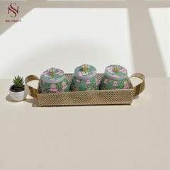 Metal Tray with 3 Green Jars – Decorative Storage Set