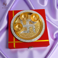 Gold Plated Meenakari Pooja Thali Set In Velvet Box