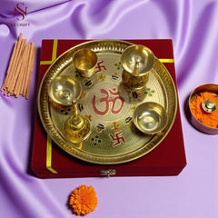 Gold Plated Meenakari Pooja Thali In Velvet Box
