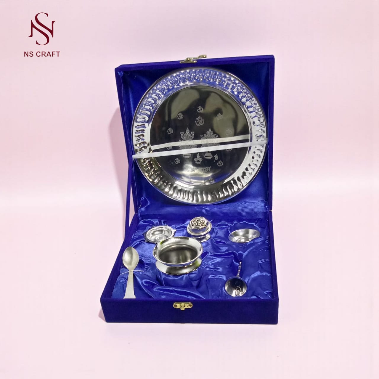 Silver Plated Pooja Thali Set In Velvet Box