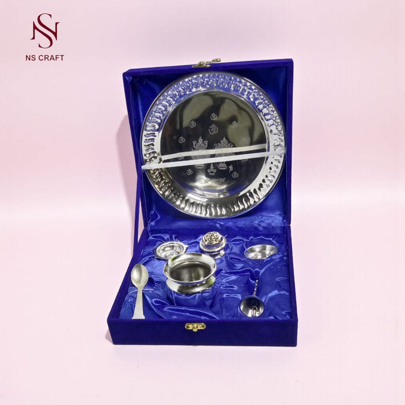 Silver Plated Pooja Thali Set In Velvet Box