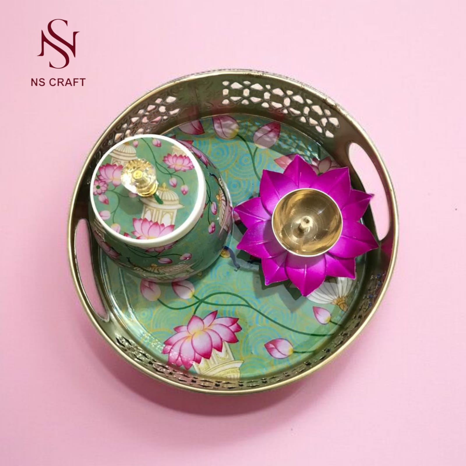 Decorative Pichwai Tray & Jar With Crystal Knob