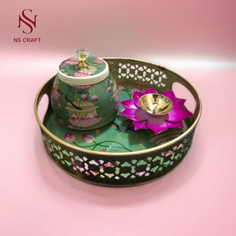 Decorative Pichwai Tray & Jar With Crystal Knob
