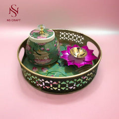 Decorative Pichwai Tray & Jar With Crystal Knob