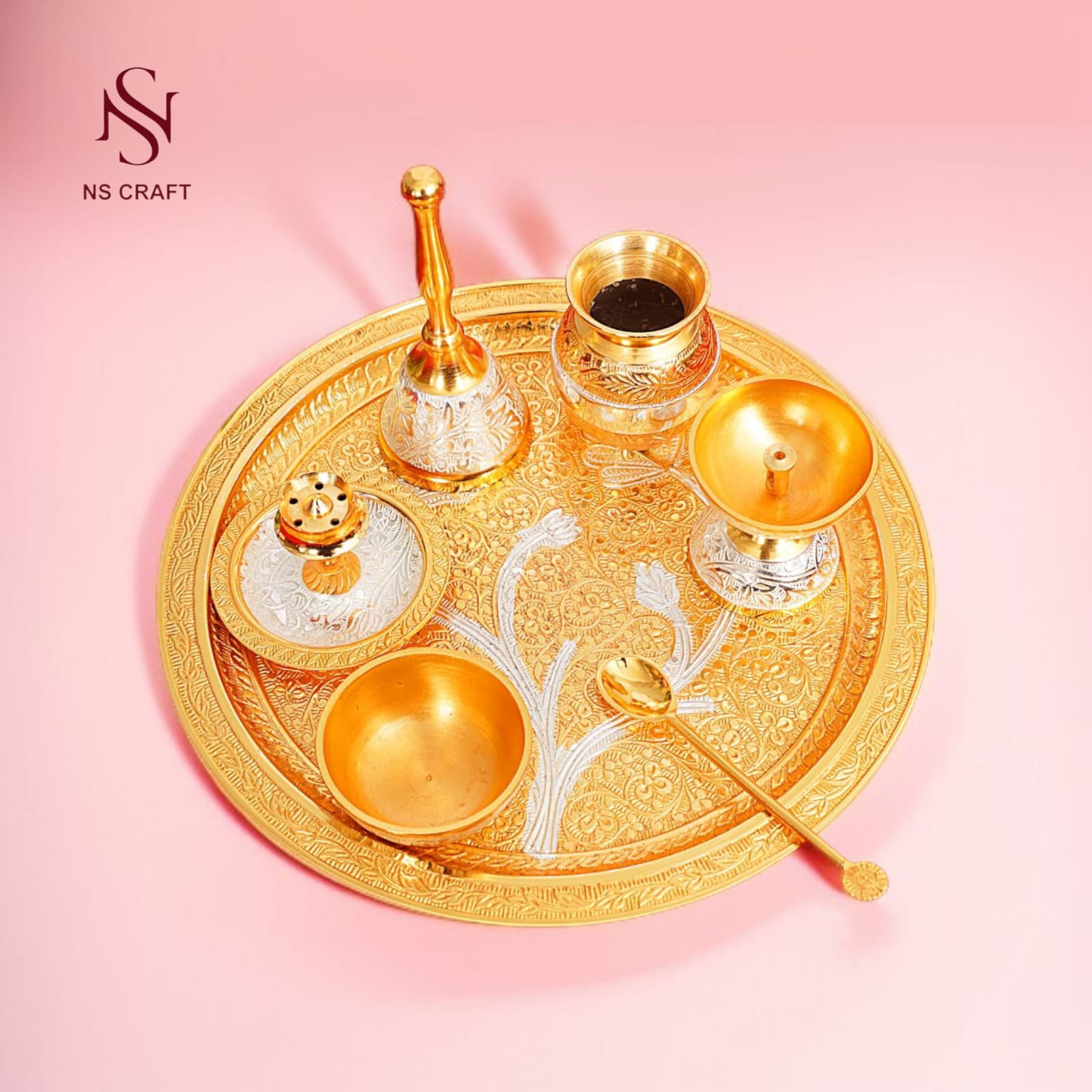 Gold Plated Pooja Thali In Velvet Box