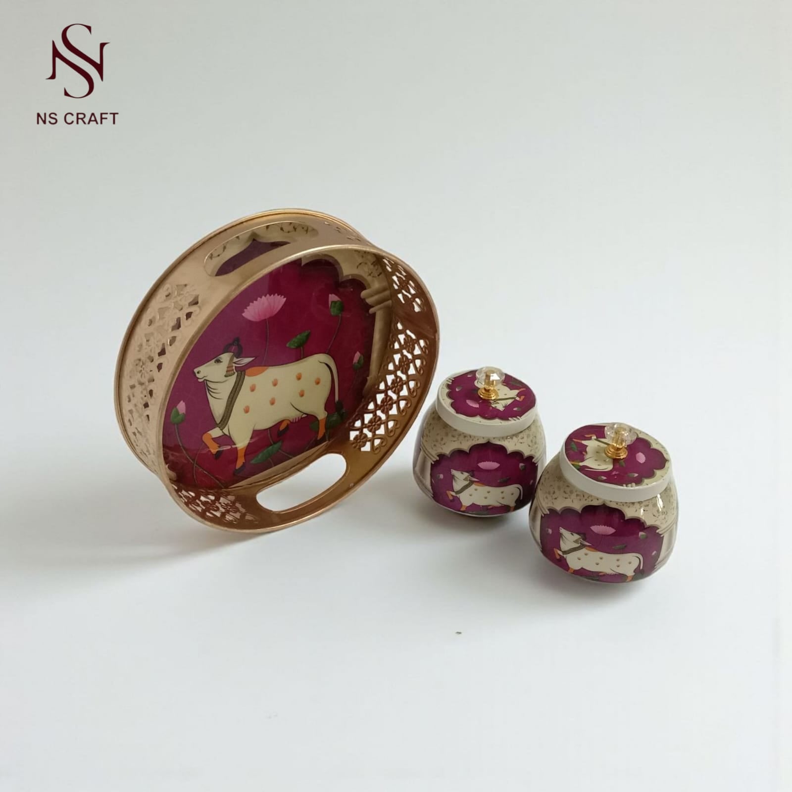 Decorative Round Storage Basket Set with 2 Burgundy Jars, Peacock Design Tray, Crystal Knobs, Handmade Metal Container