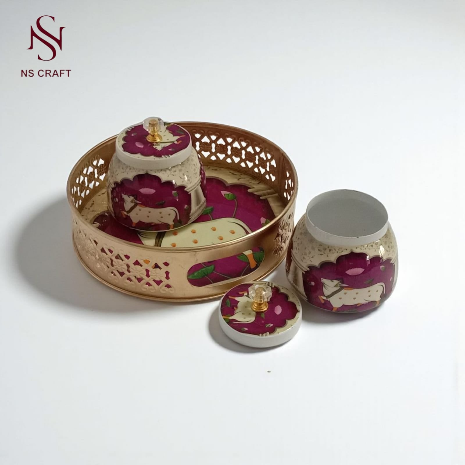 Decorative Round Storage Basket Set with 2 Burgundy Jars, Peacock Design Tray, Crystal Knobs, Handmade Metal Container