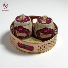 Decorative Round Storage Basket Set with 2 Burgundy Jars, Peacock Design Tray, Crystal Knobs, Handmade Metal Container