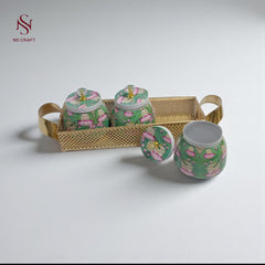 Metal Tray with 3 Green Jars – Decorative Storage Set