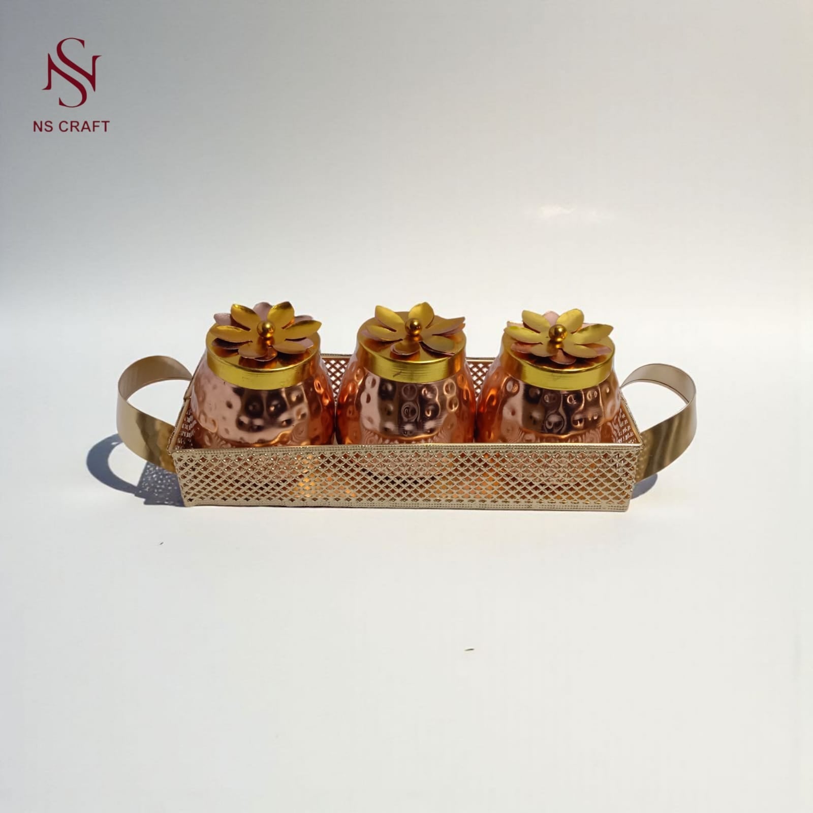 Copper Plated 3 Jar Tray Set – Dry Fruits & Spices"