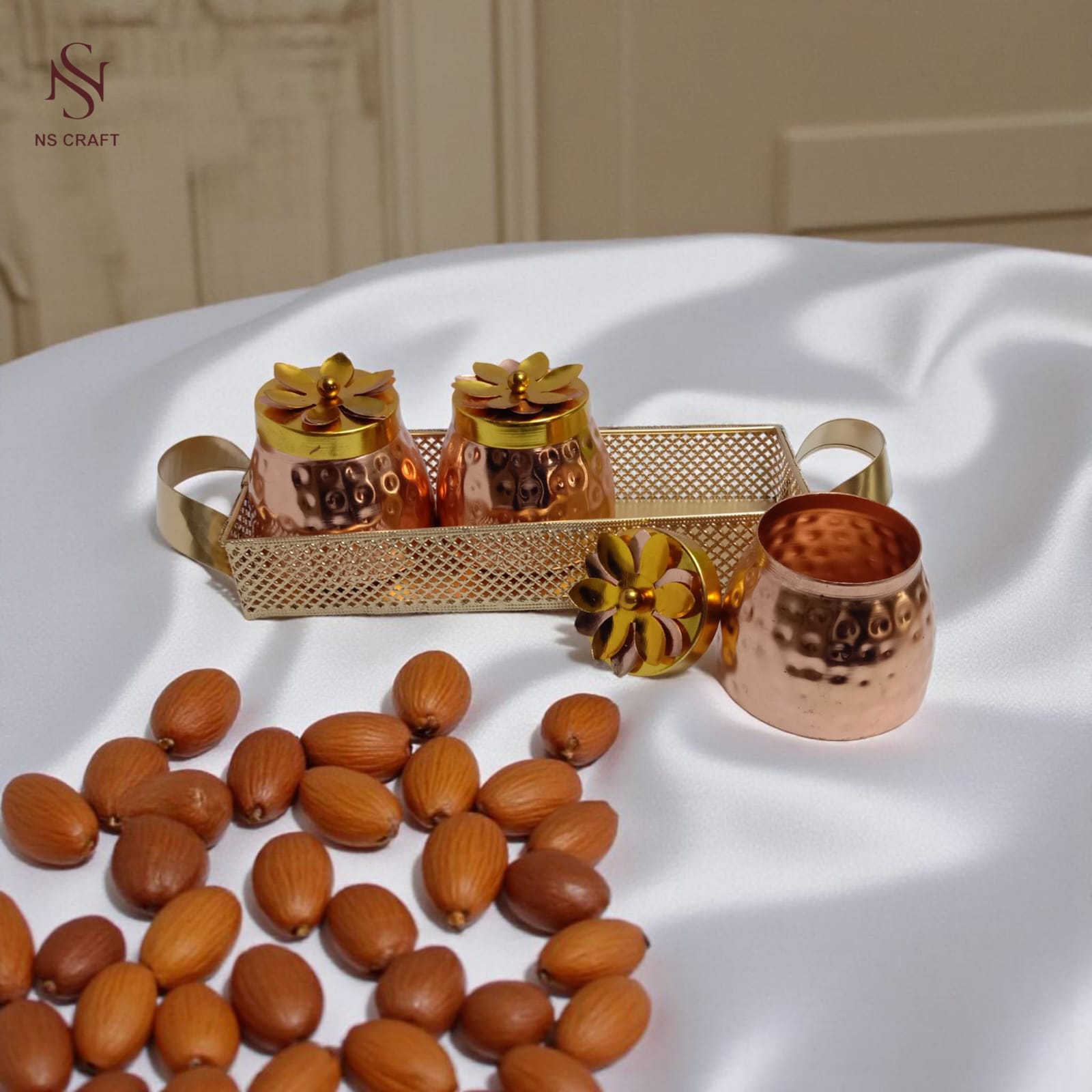 Copper Plated 3 Jar Tray Set – Dry Fruits & Spices"