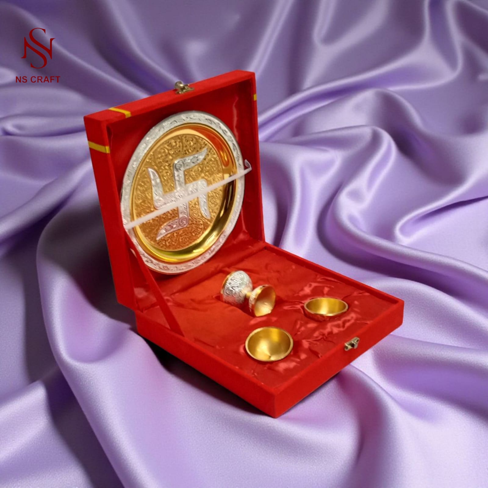 Gold Plated Meenakari Pooja Thali Set In Velvet Box