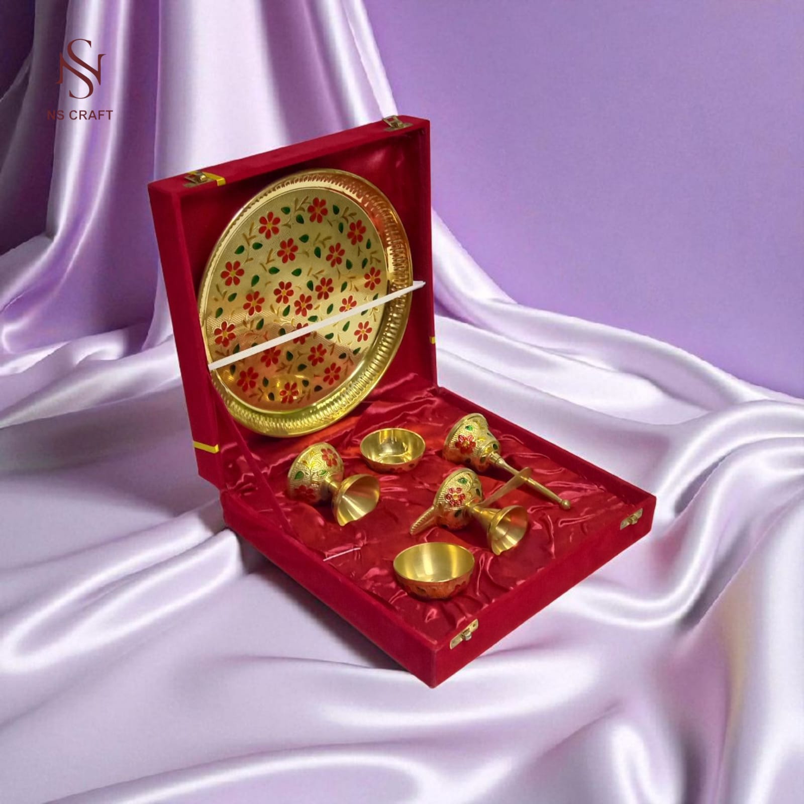Decorative Pooja Thali with Brass Essentials – 10" In Velvet Box