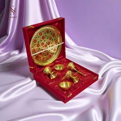 Decorative Pooja Thali with Brass Essentials – 10" In Velvet Box