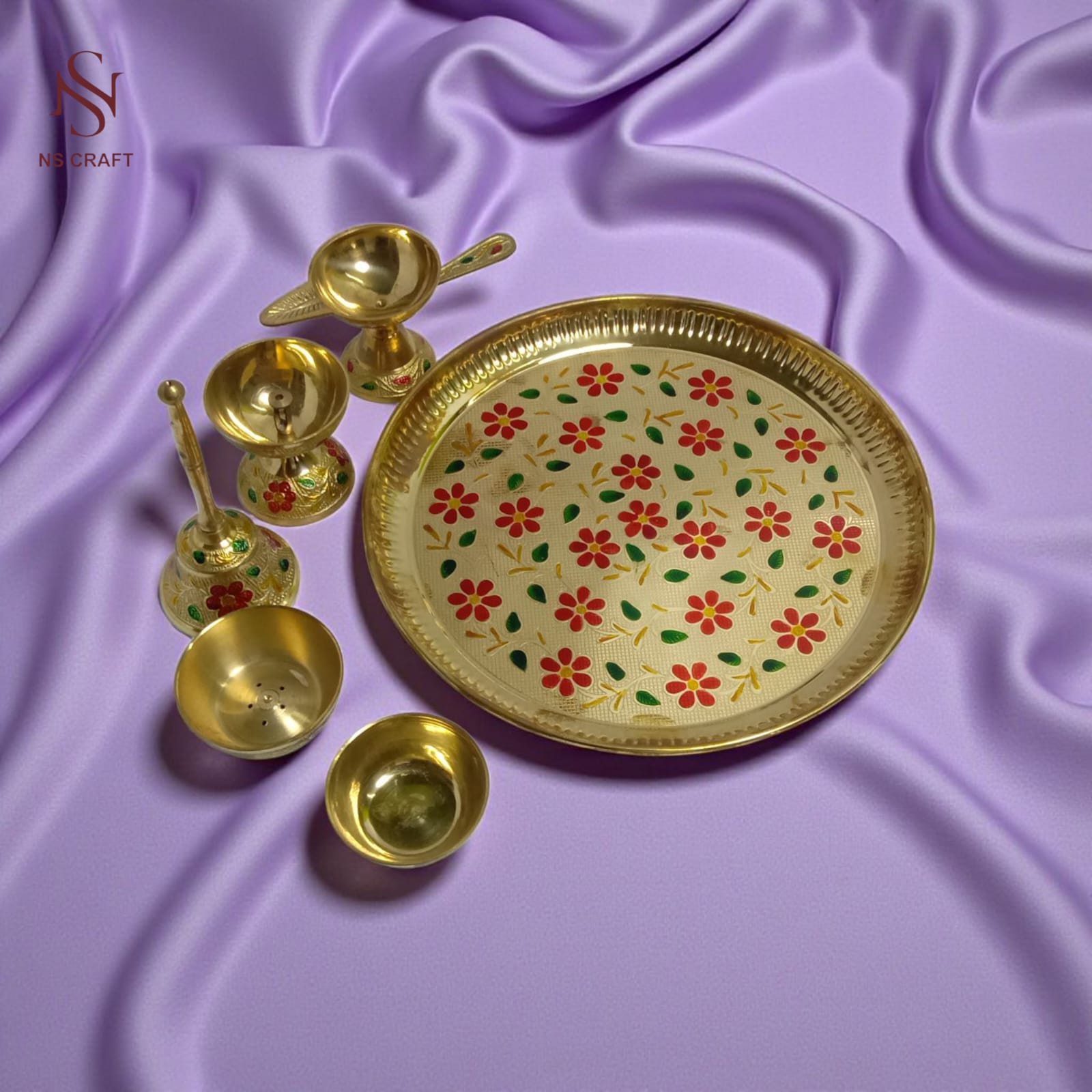 Decorative Pooja Thali with Brass Essentials – 10" In Velvet Box
