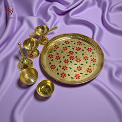 Decorative Pooja Thali with Brass Essentials – 10" In Velvet Box