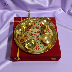 Decorative Pooja Thali with Brass Essentials – 10" In Velvet Box