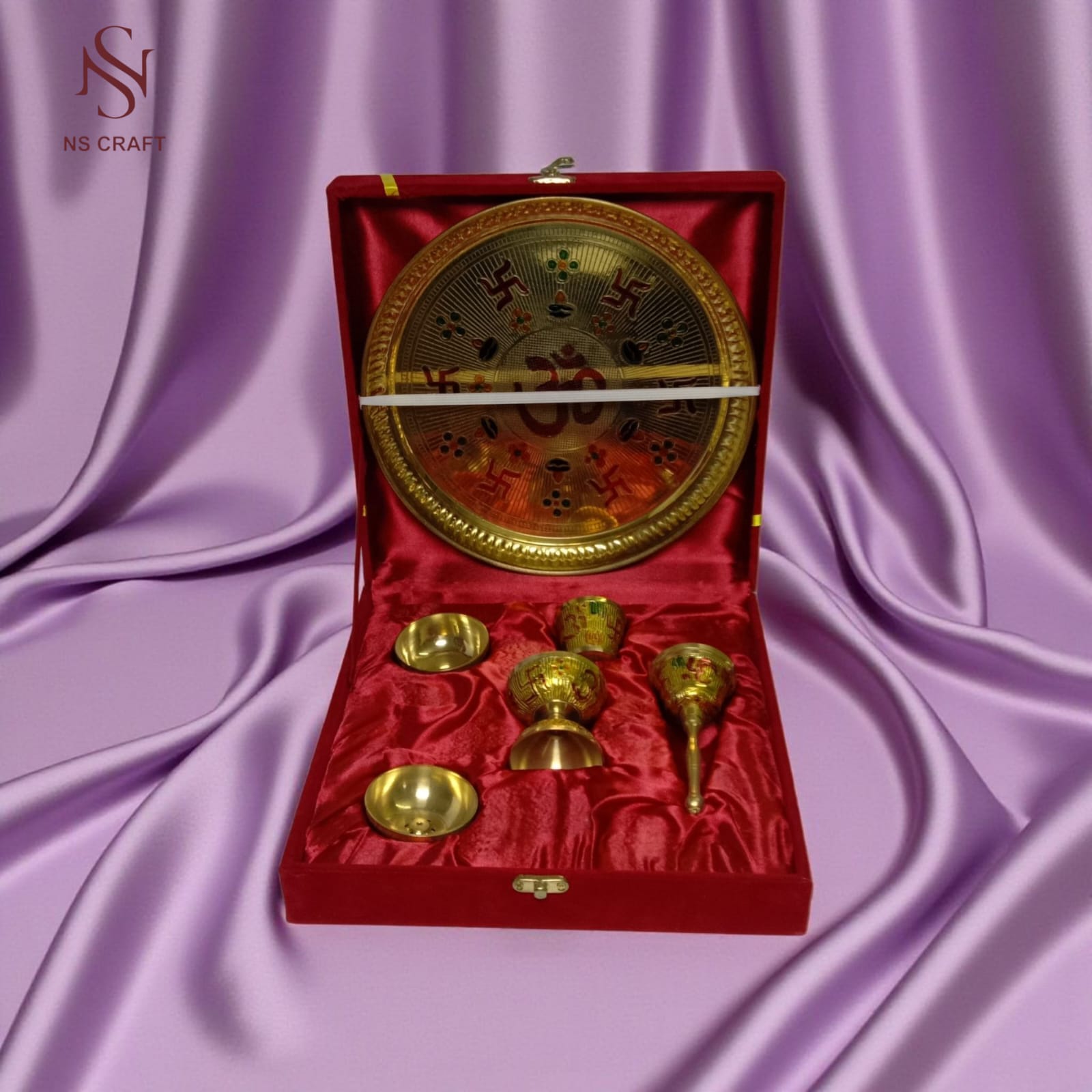 Gold Plated Meenakari Pooja Thali In Velvet Box