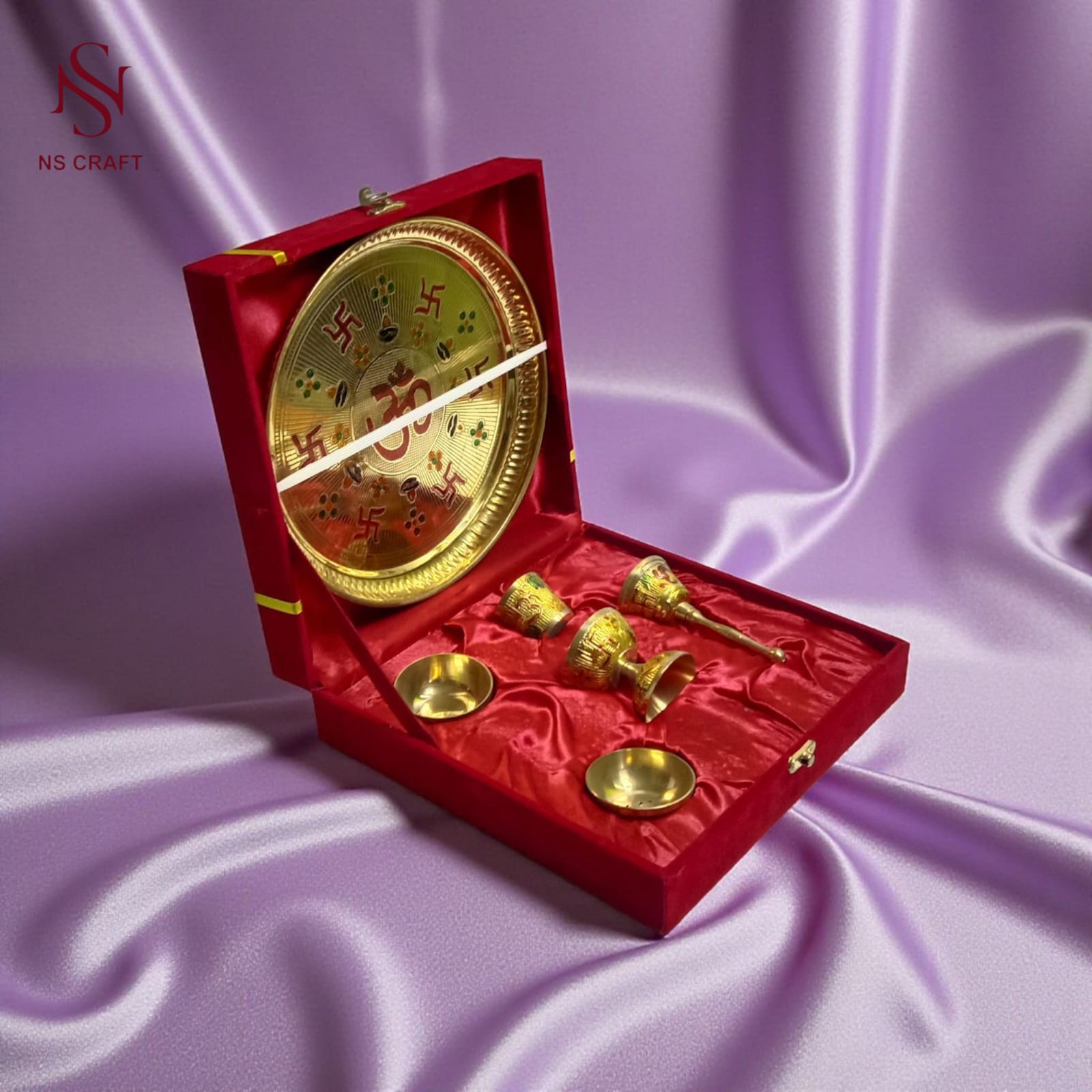 Gold Plated Meenakari Pooja Thali In Velvet Box
