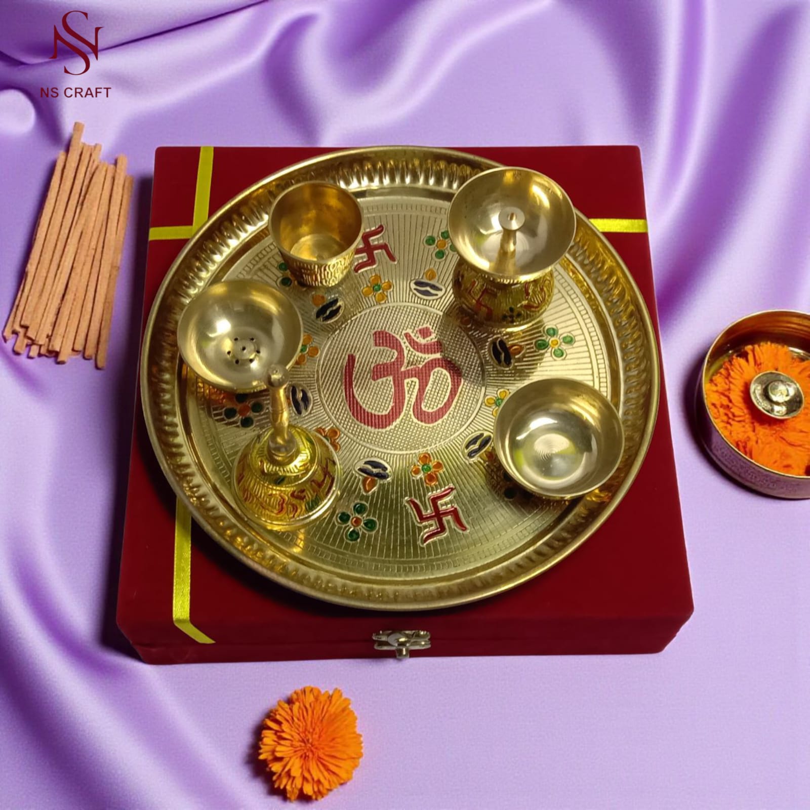 Gold Plated Meenakari Pooja Thali In Velvet Box